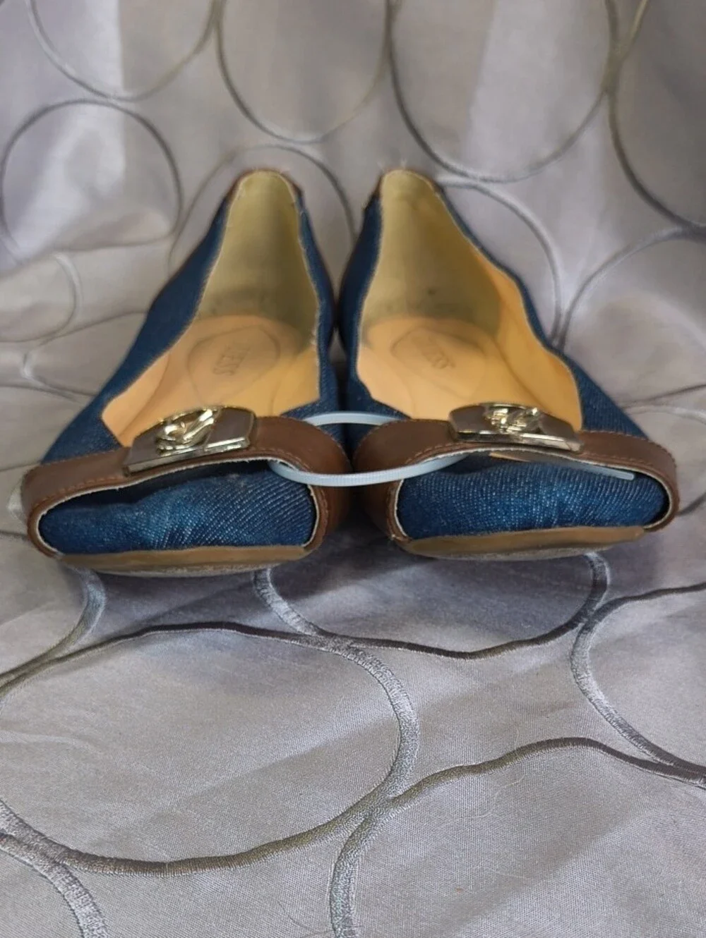 GUESS Denim Navy Ballet Flats with Brown Trim and Logo Accent AB